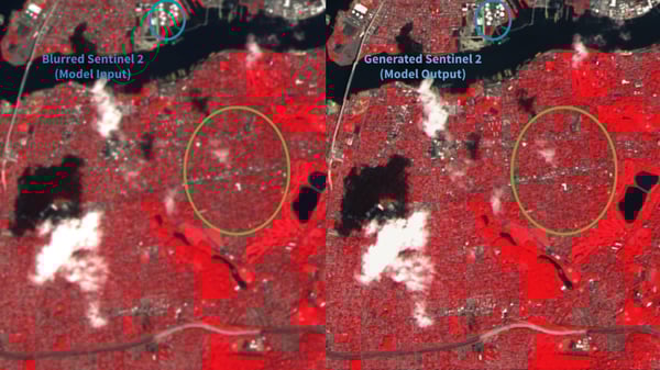 Blurred Sentinel 2 (left) and Generated Sentinel 2 (right) both at 10 m
