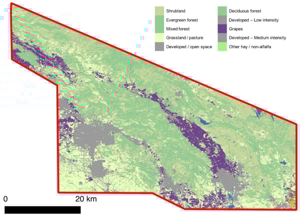 A 2016 CDL map showing land cover classifications of Sonoma County