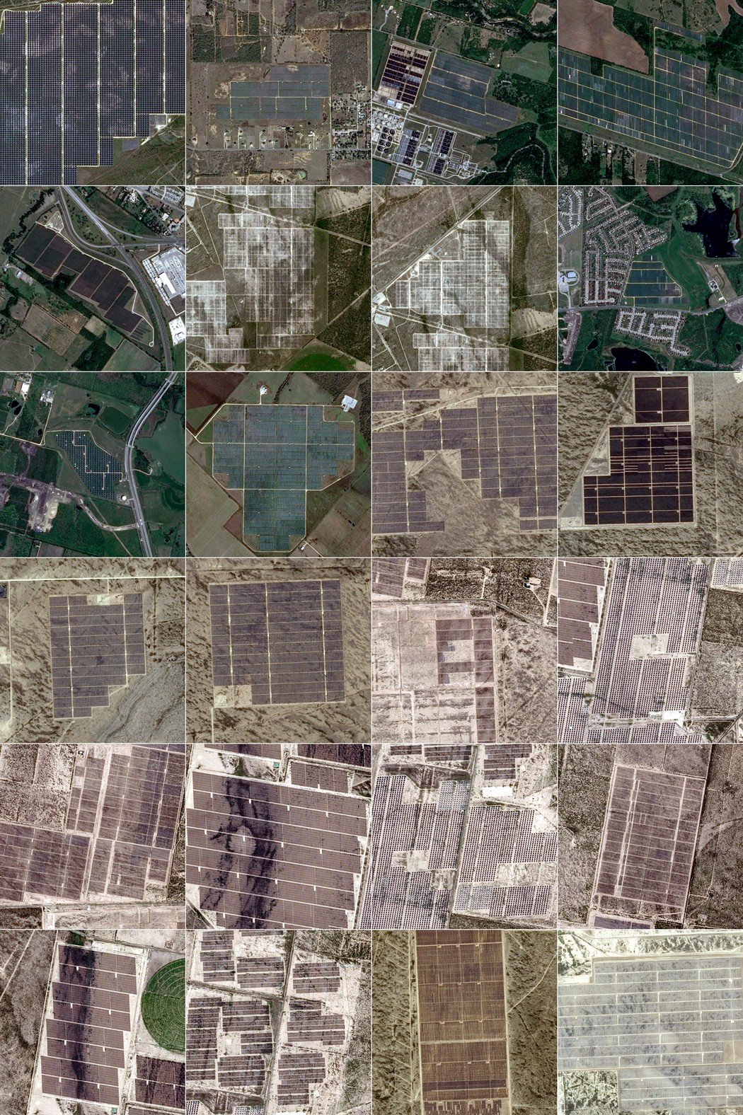 Image tiles of utility-scale solar farms in Texas