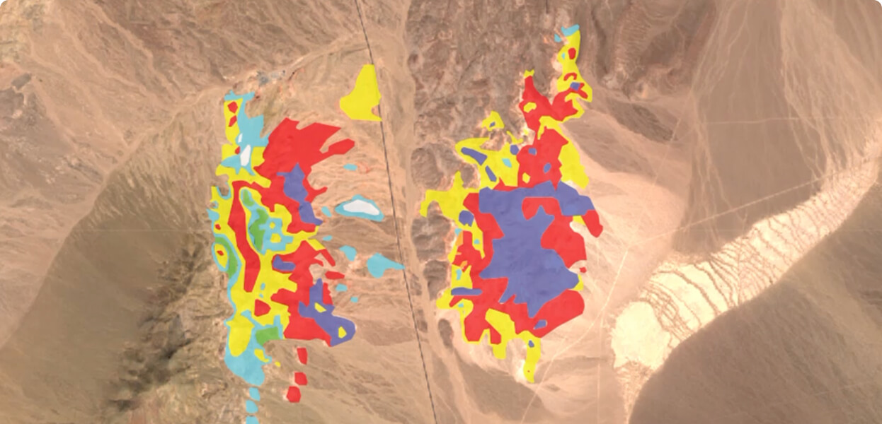 advanced spectral mapping overlayed on satellite imagery of a potential mining site