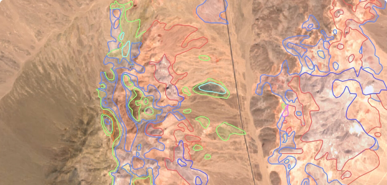Mining exploration lineament analysis, overlayed on satellite imagery