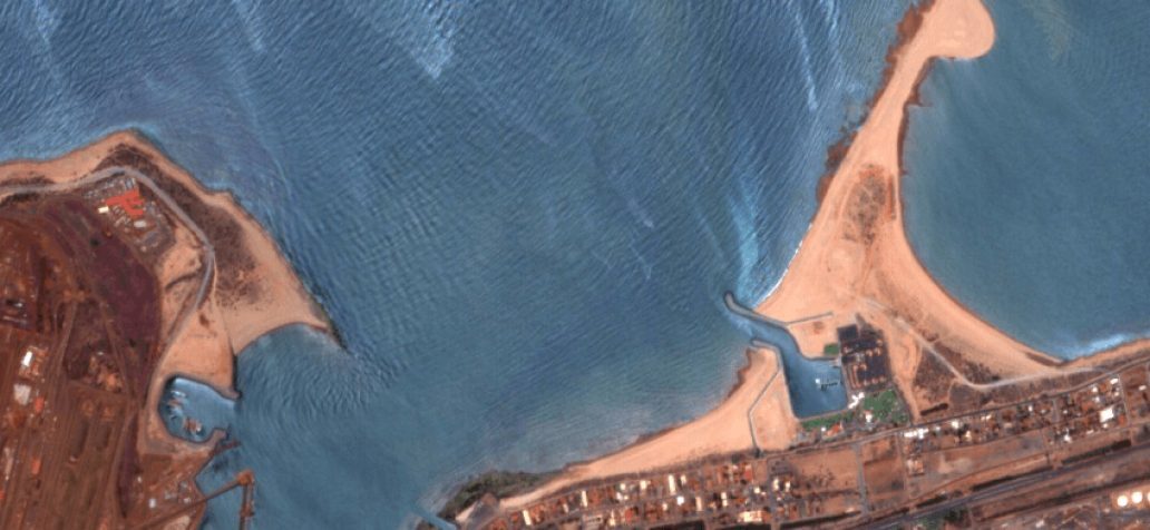 EDC 5 m satellite image of a coastline with a sand spit, harbour and industrial shoreline