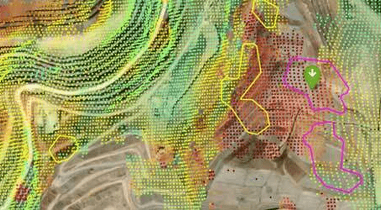 Satellite imagery of open pit mine with Iris the EarthDaily mining operations product Ui overlayed